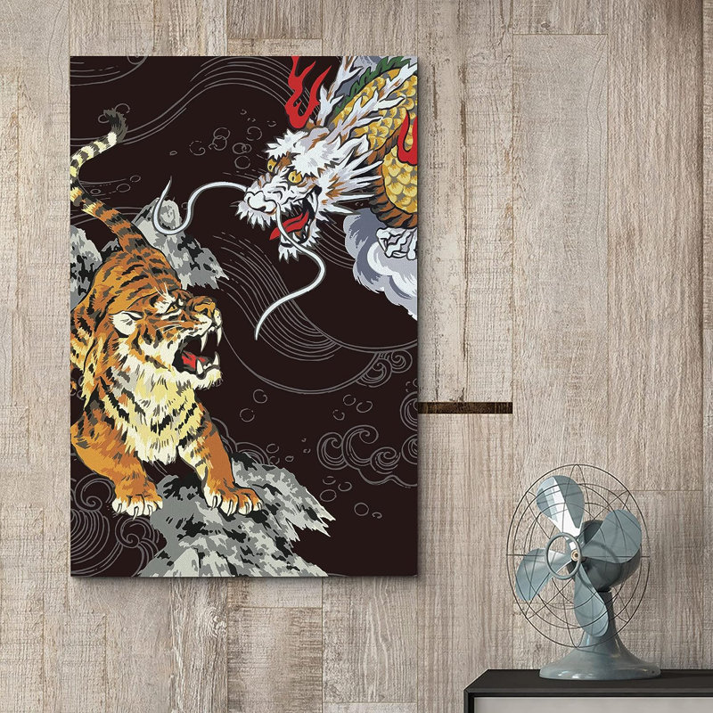 Aquarelle de style japonais, tigre et dragon, animaux sur toile, H 48 po x l 32 po x P 1,5 po, Toile tendue