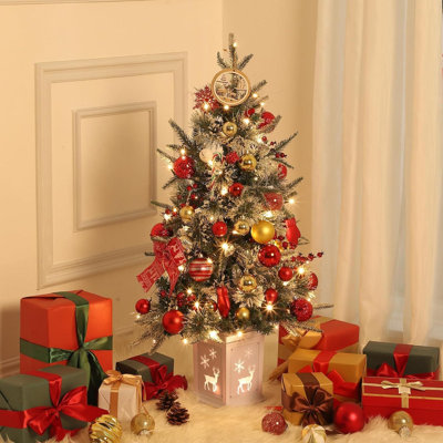 Christmas Tree 3FT Pre-Lit Artificial Xmas Tree with 78 LED Lights, Snow Flocked, Potted Base, Battery Operated, Easy Fold Storage, Small Christmas Trees for Indoor Outdoor Decor Battery Powered Light