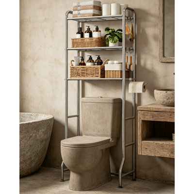 Metal Over Toilet Rack, Paper Holder & Hooks, Laundry