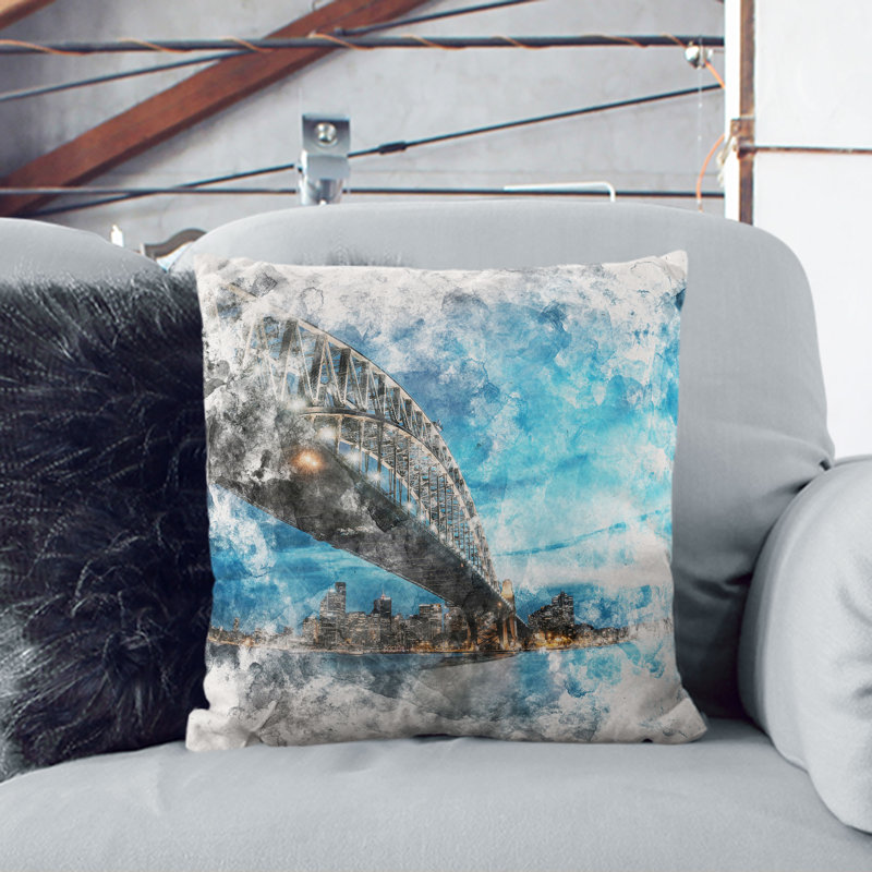 Sydney Harbour Bridge in Australia Watercolour Cushion with Filling, 40cm H x 40cm W x 15cm D, White