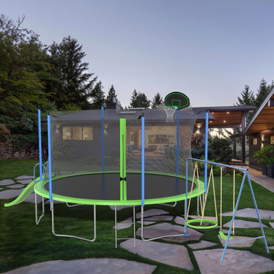 Trampoline avec glissade et balançoires, housse bicolore, trampoline avec panier de basketball et échelle, trampoline d'extérieur avec filet, capacité pour les enfants et les adultes