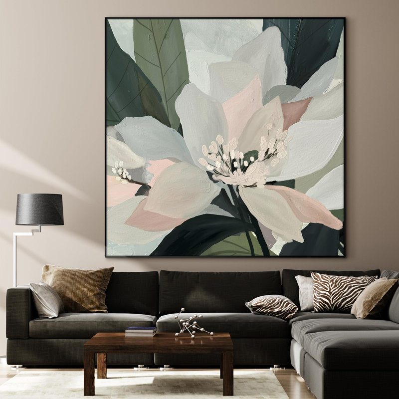 Magnolia blanc moderne, grandes illustrations de peinture florale, très grand encadré, impression d'art mural (assemblage requis