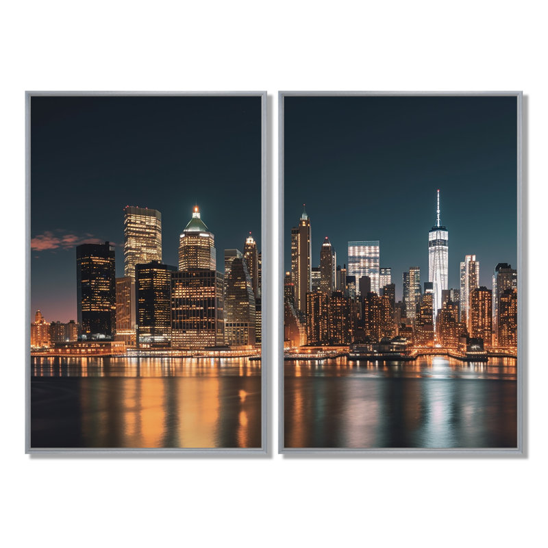 «Reflection of New York City At Night - Cityscapes New York», art mural sur toile 2 panneaux, 36" H x 48" W, Silver