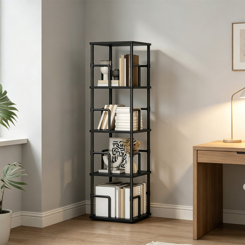 Corner Shelf, 4-Tier Rotating Bookshelf, Freestanding Corner Bookcase, 360° Rotating Book Cabinet, Industrial Style Storage Rack with Rails, for Living Room, Bedroom, Study