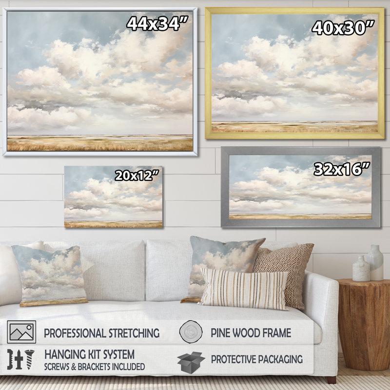 Nuage blanc paysage minimaliste - décoration murale nuages, Cadre noir, H 16 po x l 32 po x P 1 po