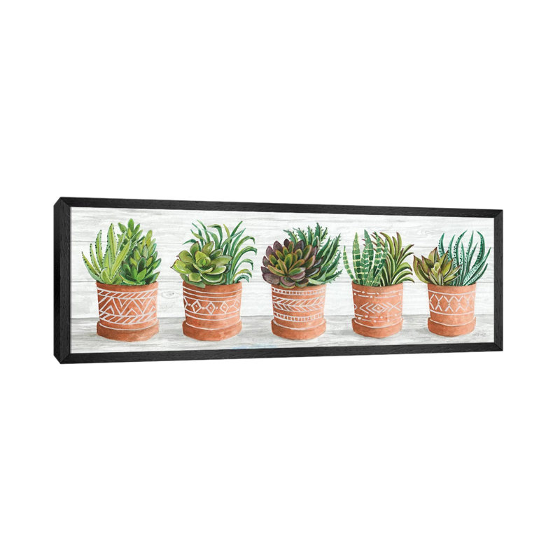 Terracotta Pots II by Cindy Jacobs - Panoramic Painting on Canvas, Black Framed Canvas, 40.64cm H x 121.92cm W x 3.81cm D