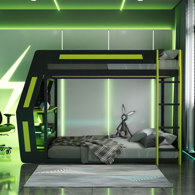 Full-Size Gaming Bunk Bed with Side-Mounted Oversized RGB Desk, USB Charging Ports & Cable Grommet, LED Light Strip by Wrought Studio