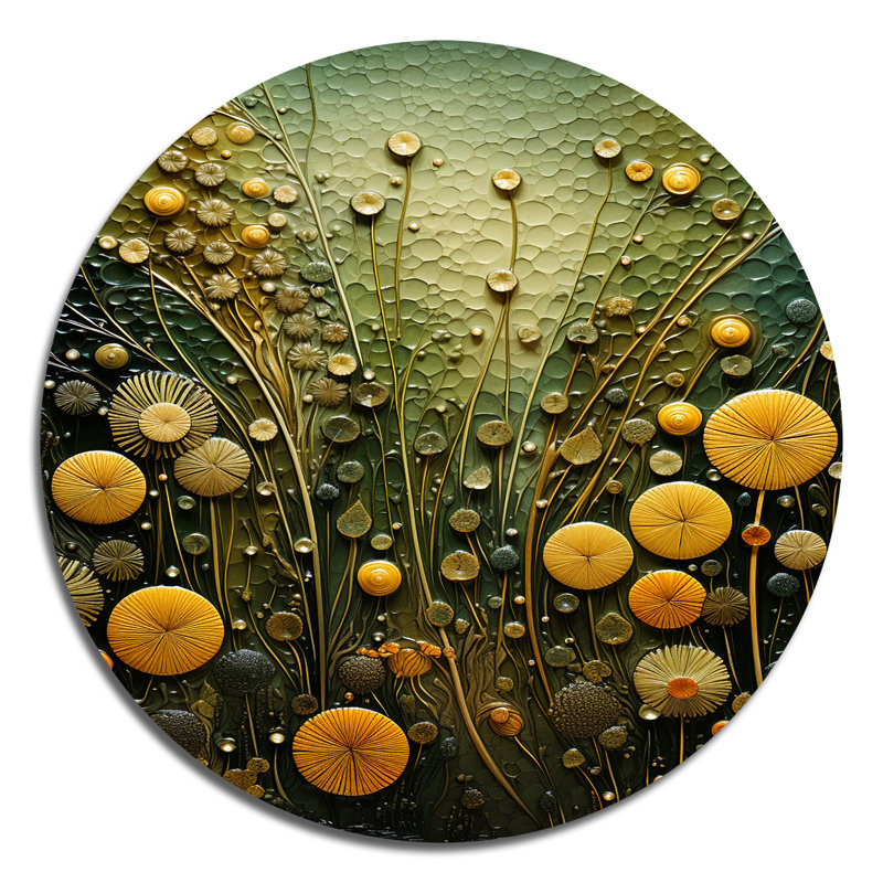 Plantes botaniques abstraites vertes et jaunes 2 - Art abstrait rond en métal, H 29 po x l 29 po
