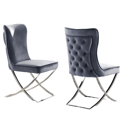 Luxury Gray Velvet Button- Side Chairs  2Pc   - Upholstered, Frame, Welt Trim For Dining Of 2 Button , Frame Upholstery
