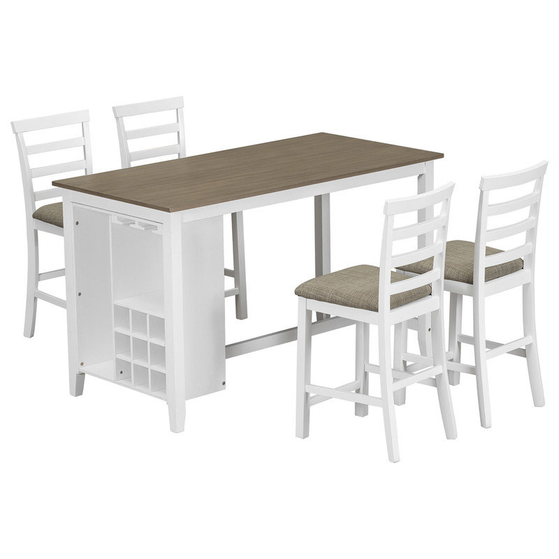 Rural Style 5-Piece Dining Table Set with 4 Padded Chairs and Built-in Storage for Dining Room, Brown/White
