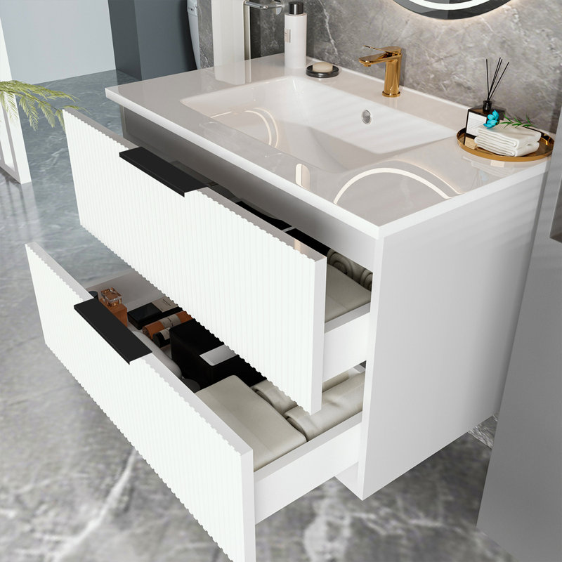 Meuble-lavabo mural avec lavabo et 2 tiroirs, 30", Blanc mat