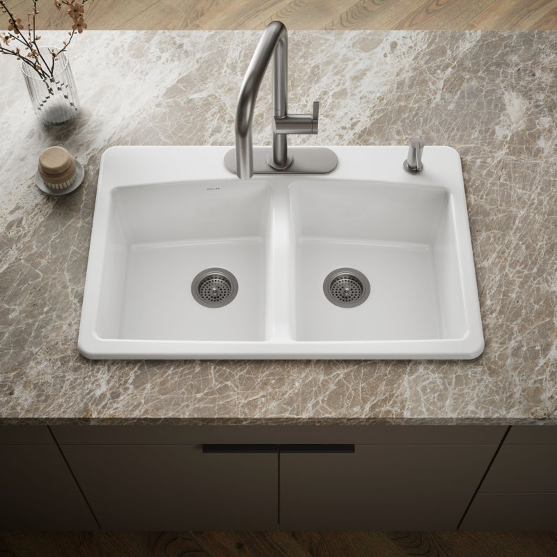 Évier de cuisine à double égalité 33 po x L 22 po x 9 5/8 po, Blanc, 4 trous