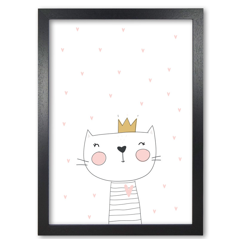 Scandi Cute Cat With Crown And Stars - Painting, Black Grain Frame, 30 cm H x 21 cm W x 5 cm D