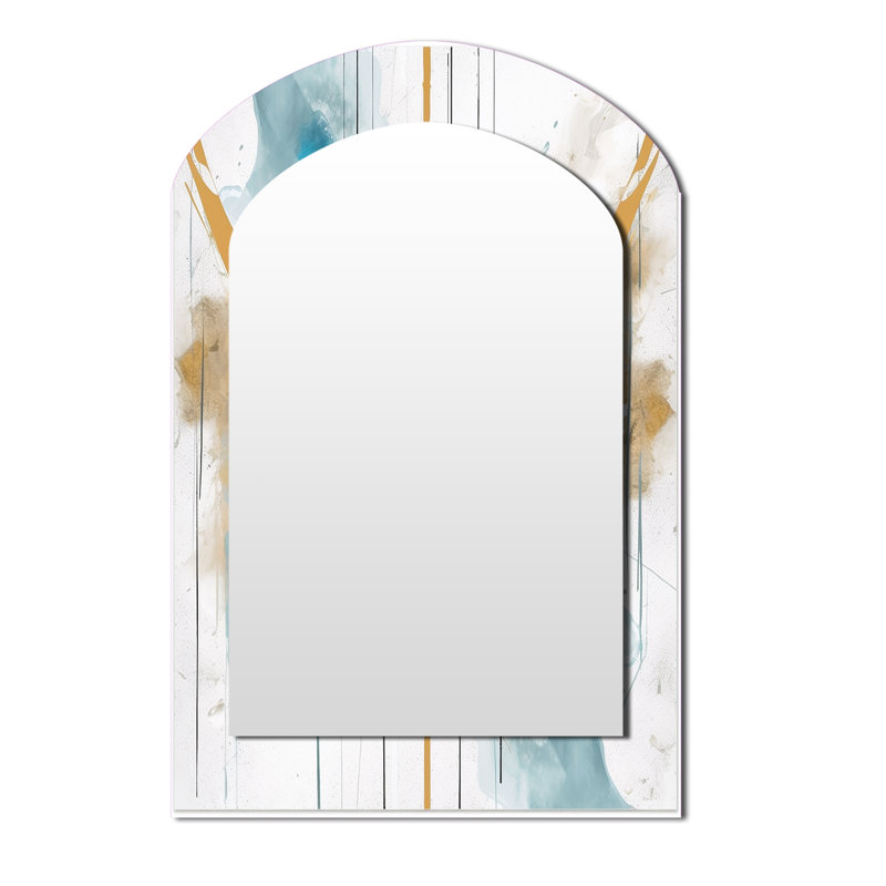 Teal and Gold Elegance - Minimalism Arch Decorative Mirror, Teal Asymmetrical Wall Mirror, Printed Metal Art, 43" x 33"