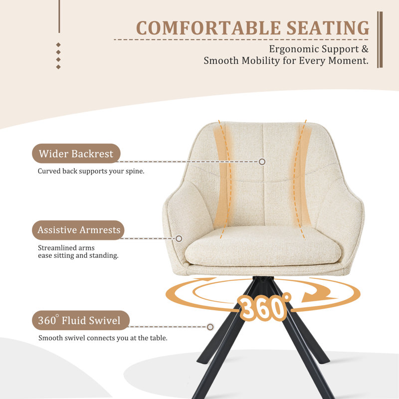 51cm H Upholstered Arm Dining Chair For Kitchen Dining Living Room, Cream Chenille