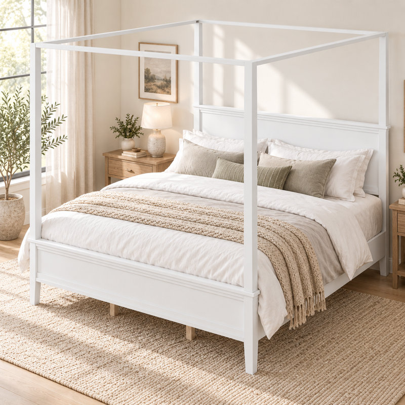 Lit plateforme Postelune King en bois avec baldaquin et tête de lit, style rustique campagnard, pieds fuselés d'inspiration milieu du siècle, dégagement de rangement de 21 cm et capacité de charge de 363 kg
