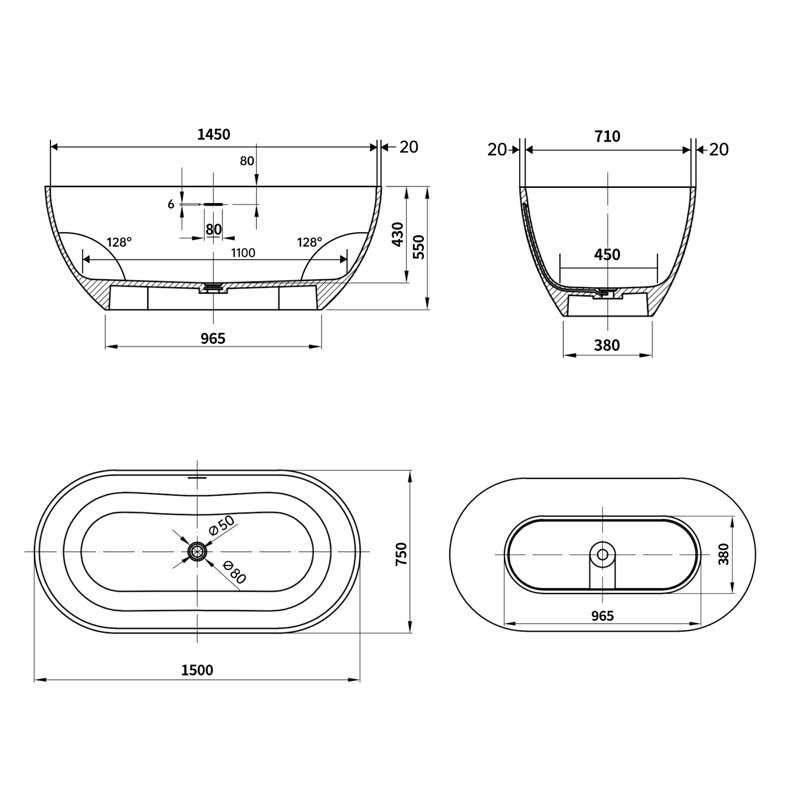 Oval Solid Surface Bathtub, Freestanding Soaking Bathtub, White