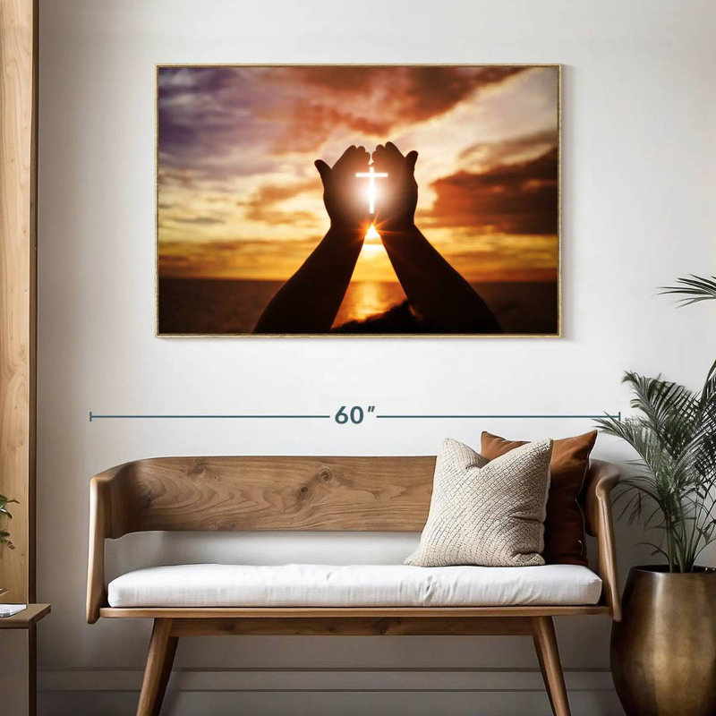 Croix de soleil brillante, Cadre flottant en bois naturel, 46 po x 31 po