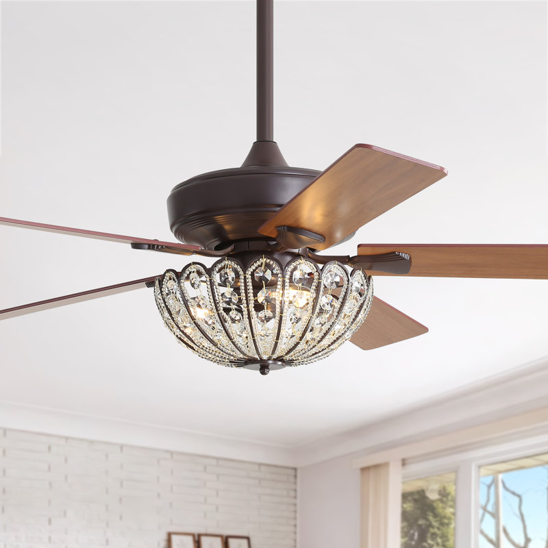 Ventilateur de plafond café 52 pouces rétro, cristal clair, 5 pales en contreplaqué, moteur à courant continu réversible et télécommande