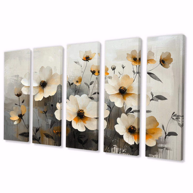 Zinnias fleurs beauté déplié I - art mural Zinnias - ensemble d'art mural traditionnel 5 pièces, H 32 po x l 80 po
