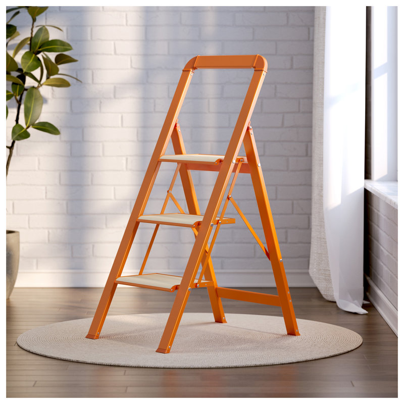 Échelle pliante en aluminium à 3 marches avec larges marches antidérapantes, orange, Orange