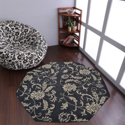 Gorgonio Hand Tufted Wool Eco-Friendly Area Rugs -Octagon, Charcoal Beige Color, Floral Modern Design, High Pile Thick Handmade Anti Skid Area Rugs for Living Room, Bed Room