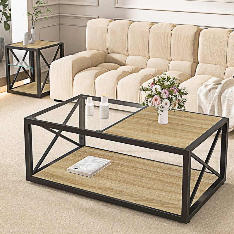 Table basse avec tablette, Bois naturel / transparent