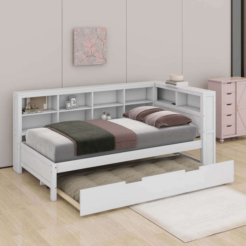 Wooden Daybed With Trundle, Daybed With Storage Shelf And USB Charging Ports, Twin, White