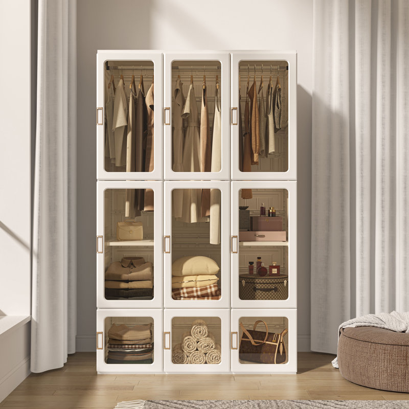 Armoire de rangement pour garde-robe Armoire - Organisateur de placard pliable avec 5 cubes et 3 tiges de suspension, installation sans outil d'une seule pièce, portes transparentes, rangement pour chambre et placard