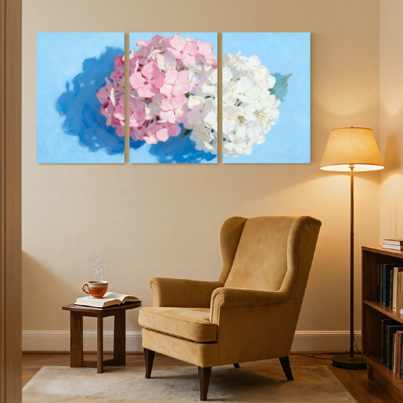 Fleurs d'hortensia sur fond, ensemble de 3 impressions d'art sur toile, H 36 po x l 72 po