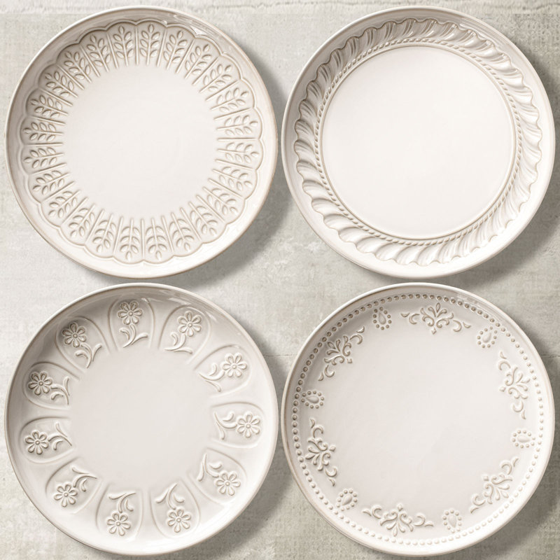 4 assiettes à dîner 4 pièces 10,75 po, glaçure réactive, rebord anti-éclaboussures, va au micro-ondes, registre de mariage et cadeau des Fêtes, damas