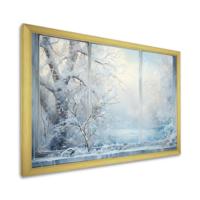 Winter River Window View IV - Winter Landscape, art mural, H 24 po x l 32 po x P 1 po, Cadre doré à coins fermés