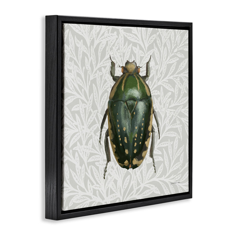 Beetle avec motif botanique encadré sur toile flottante par Danhui Nai, Cadre flottant noir de jais, H 25 po x l 25 po