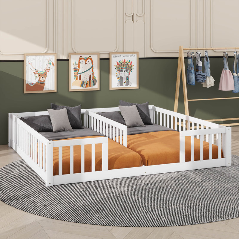 Lit double simple avec barrière de sécurité et rails de protection, Blanc
