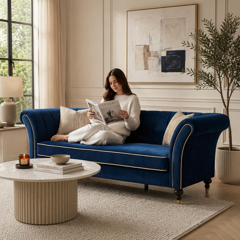 89.5 " Velvet Sofa, Velours bleu rétro