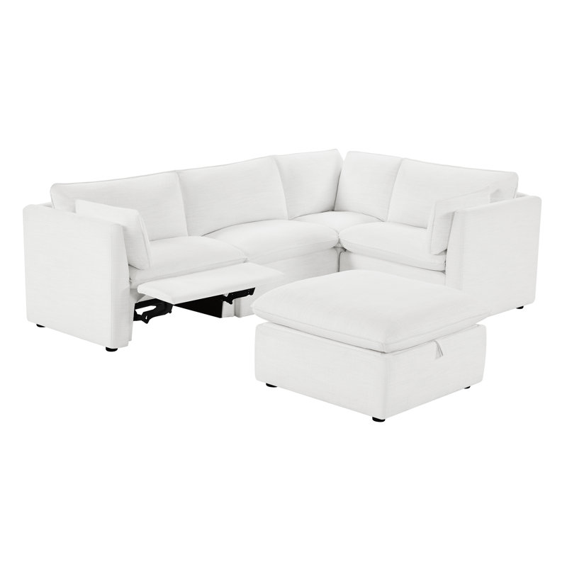 Modular Power Sectional With Ottoman, White Polyester