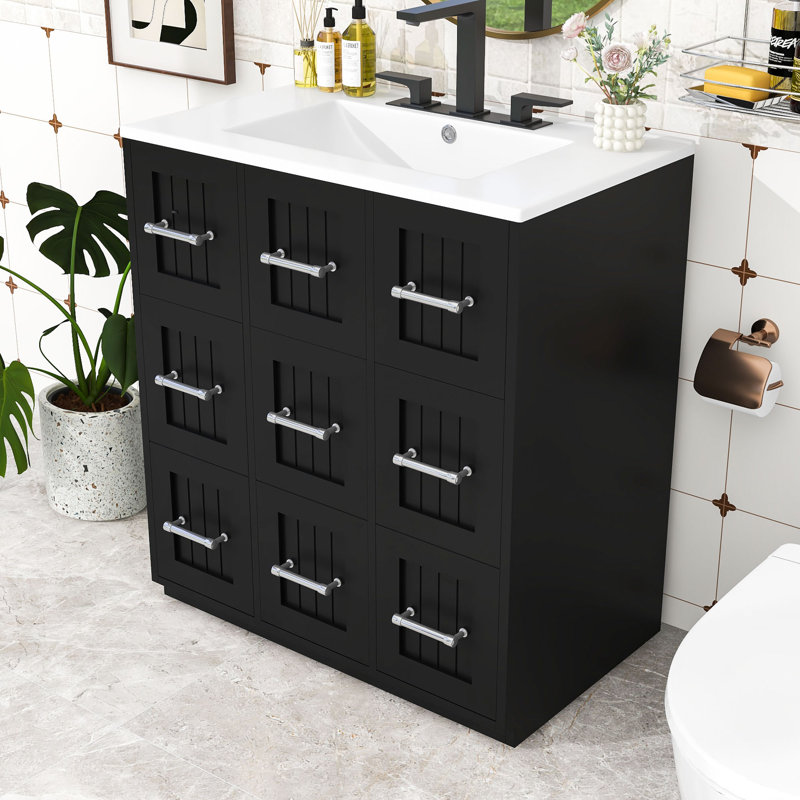 Meuble-lavabo moderne avec lavabo encastré, tiroirs à fermeture en douceur et rangement basculant, Black