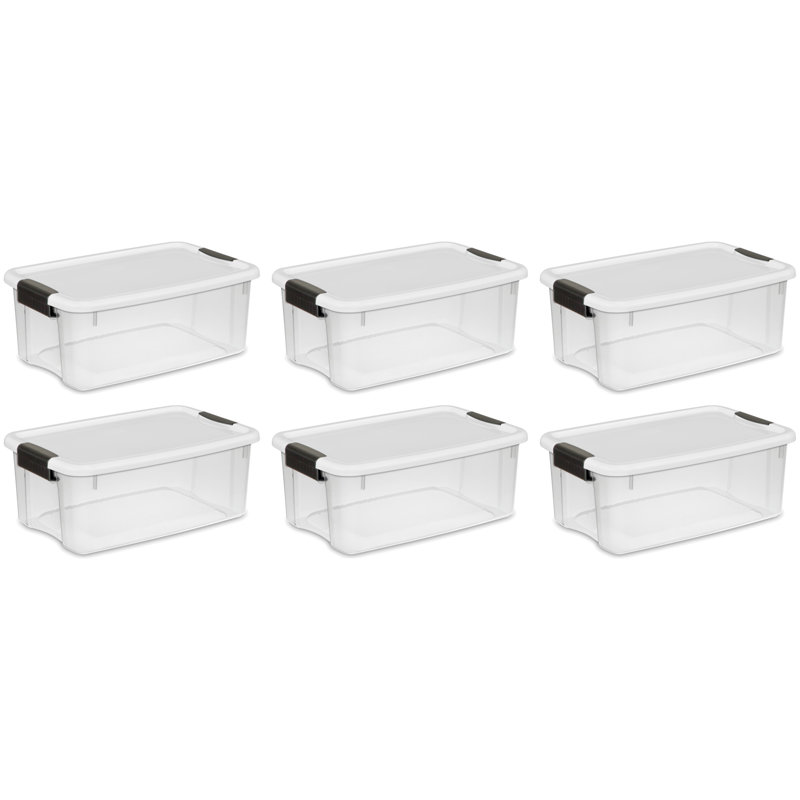 Bac de rangement empilable en plastique transparent avec couvercle blanc Sterilite,  H 7 po x l 12,25 po x P 18,125 po
