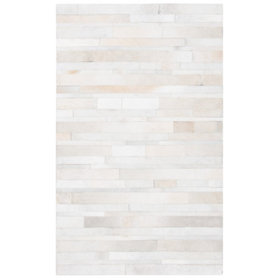 Abstract Hand Woven Leather/Felted Cloth Abstract Rug in Ivory/Light Gray