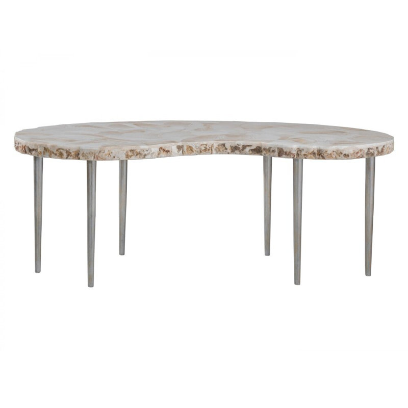 Mid-Century Modern White and Brown Kidney Cocktail Table with Iron Legs