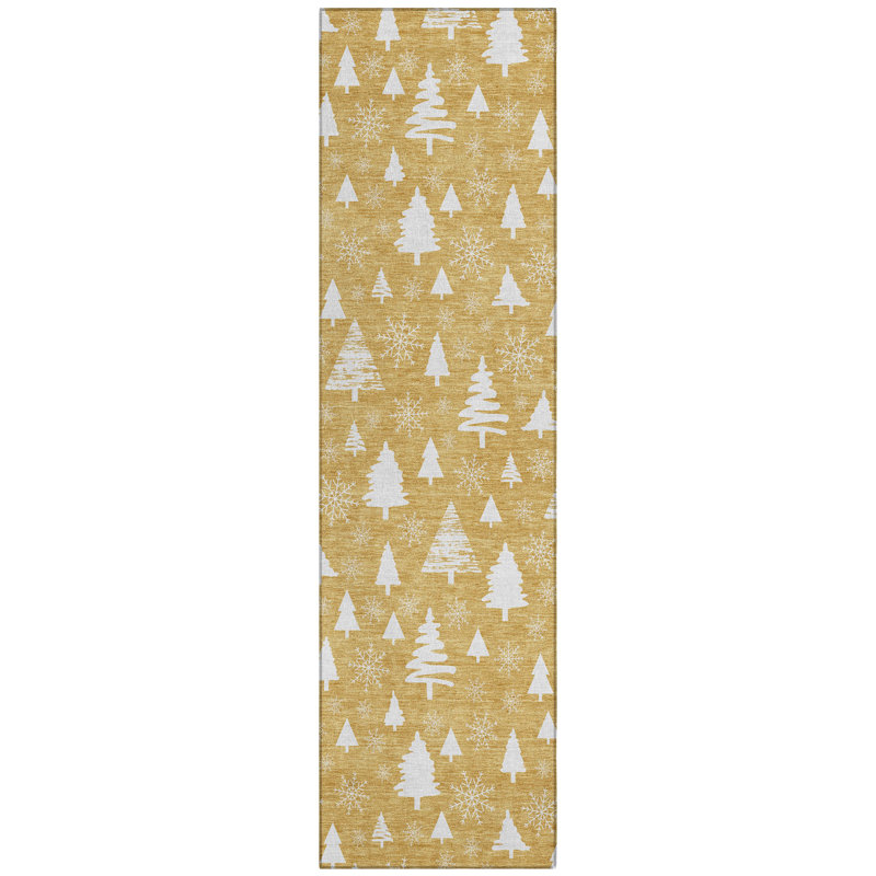 Machine Washable Indoor/Outdoor Christmas Tree Xhevrie Gold Rug, Runner 2'3" x 7'6"