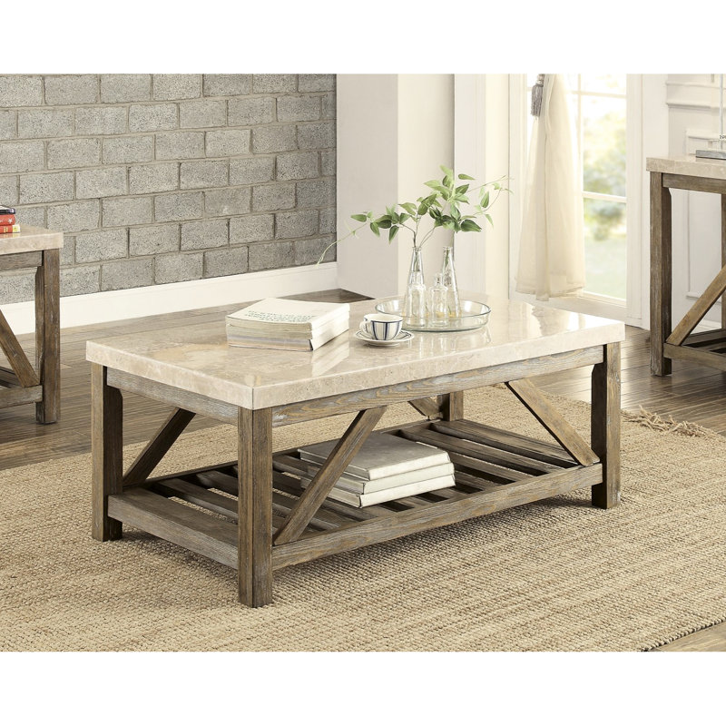 Table industrielle en marbre avec plateau en bois patiné et tablette inférieure