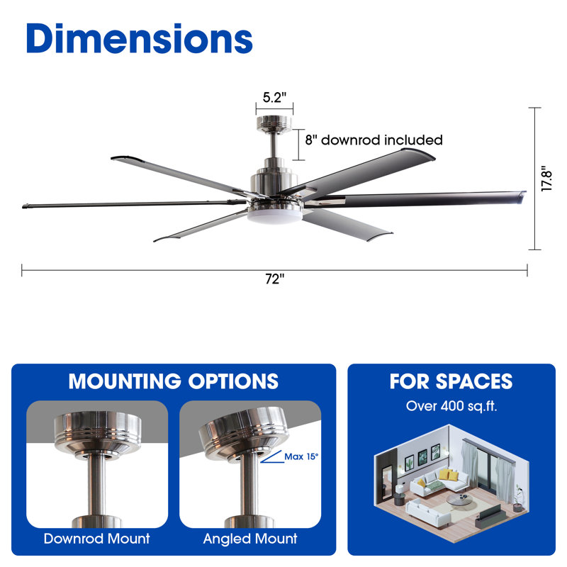 72" Aluminum 6-Blade Large LED Windmill Ceiling Fan With Remote Control