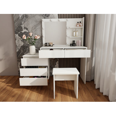 LED Lighted Makeup Vanity Table With Mirror - White Beauty Station With Storage Drawers, Matching Stool, And Organizing Compartments For Makeup Brushes And Cosmetics