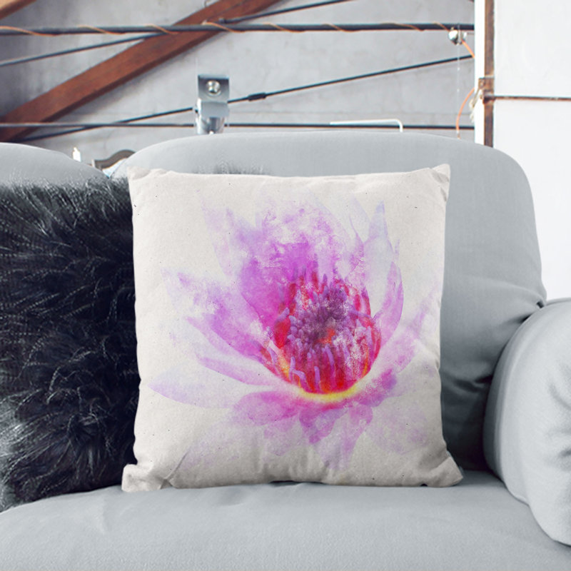 Water Lily Watercolour Cushion with Filling, 55cm H x 55cm W x 20cm D, White