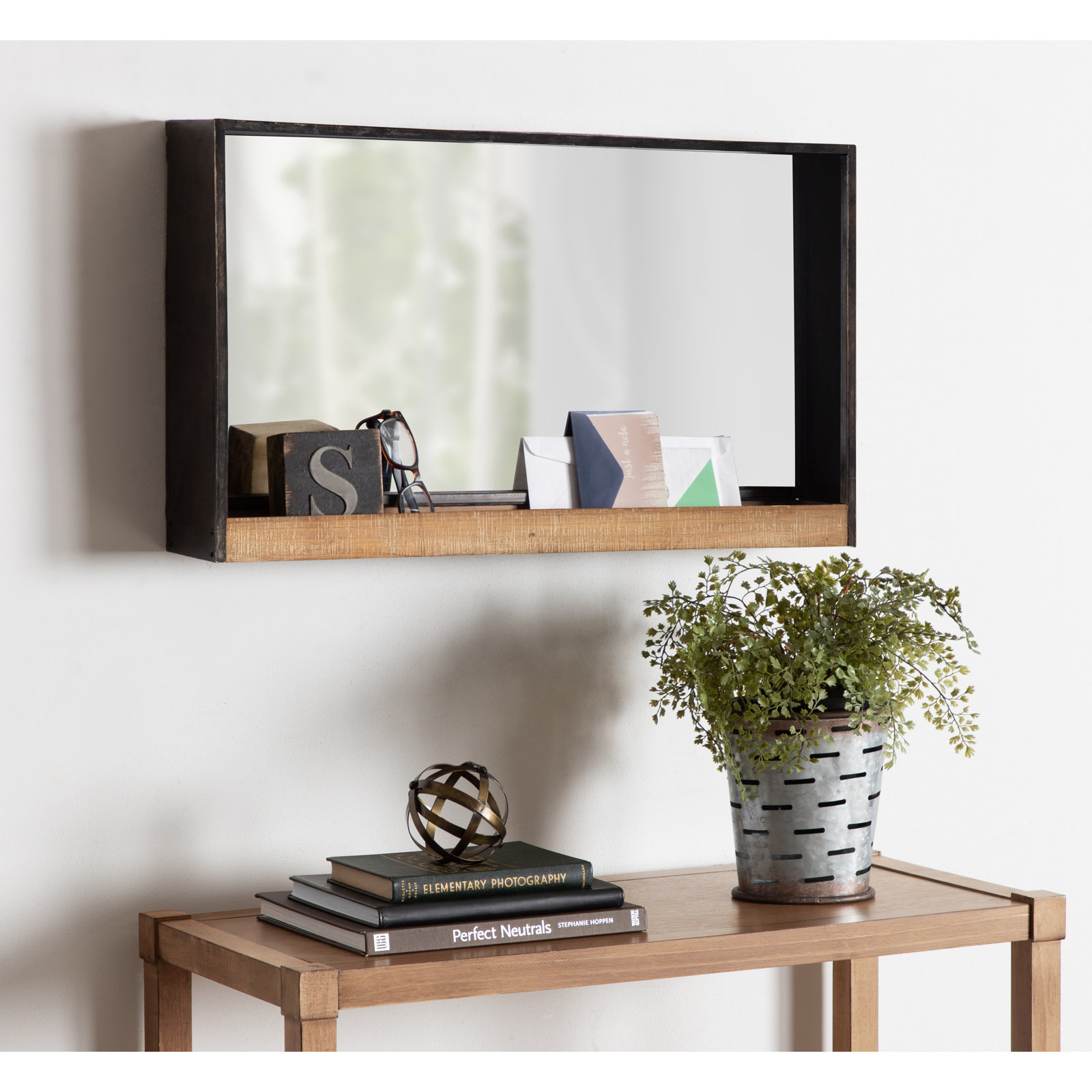 Ronnie Metal Mirror with Shelves, 16" x 28"