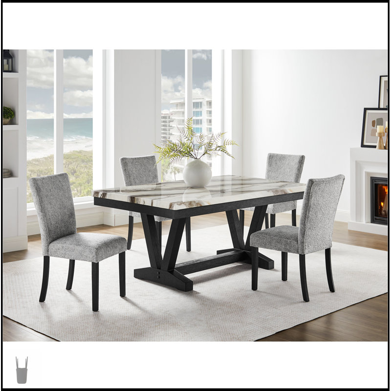 Table de salle à manger Panda Oceanic Black et (4) chaises de salle à manger grises, plateau en faux marbre, design moderne et durable pour une salle à manger élégante