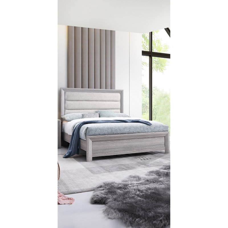 Lit simple à panneau de style contemporain, finition grise en bois flotté, tête de lit, structure en bois, matériau du tissu, lit de chambre à coucher avec canal tapissier et - mélange pour