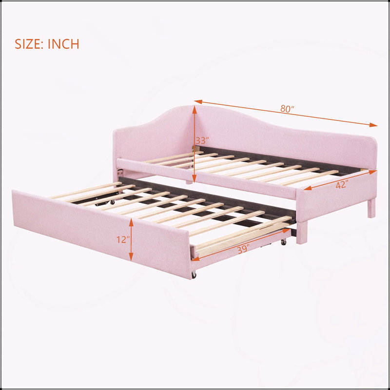Lit de jour rembourré polyvalent avec lit gigogne escamotable pour tous les âges et tous les espaces, Rose
