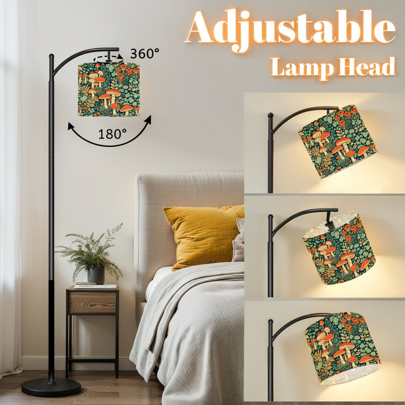 Arc Floor Lamp with Adjustable Lampshade Vibrant Red Mushrooms Forest Greenery Ferns Standing Lamp 3 Color Temperatures Dimmable Tall Pole Lamp with Foot Switch for Bedroom